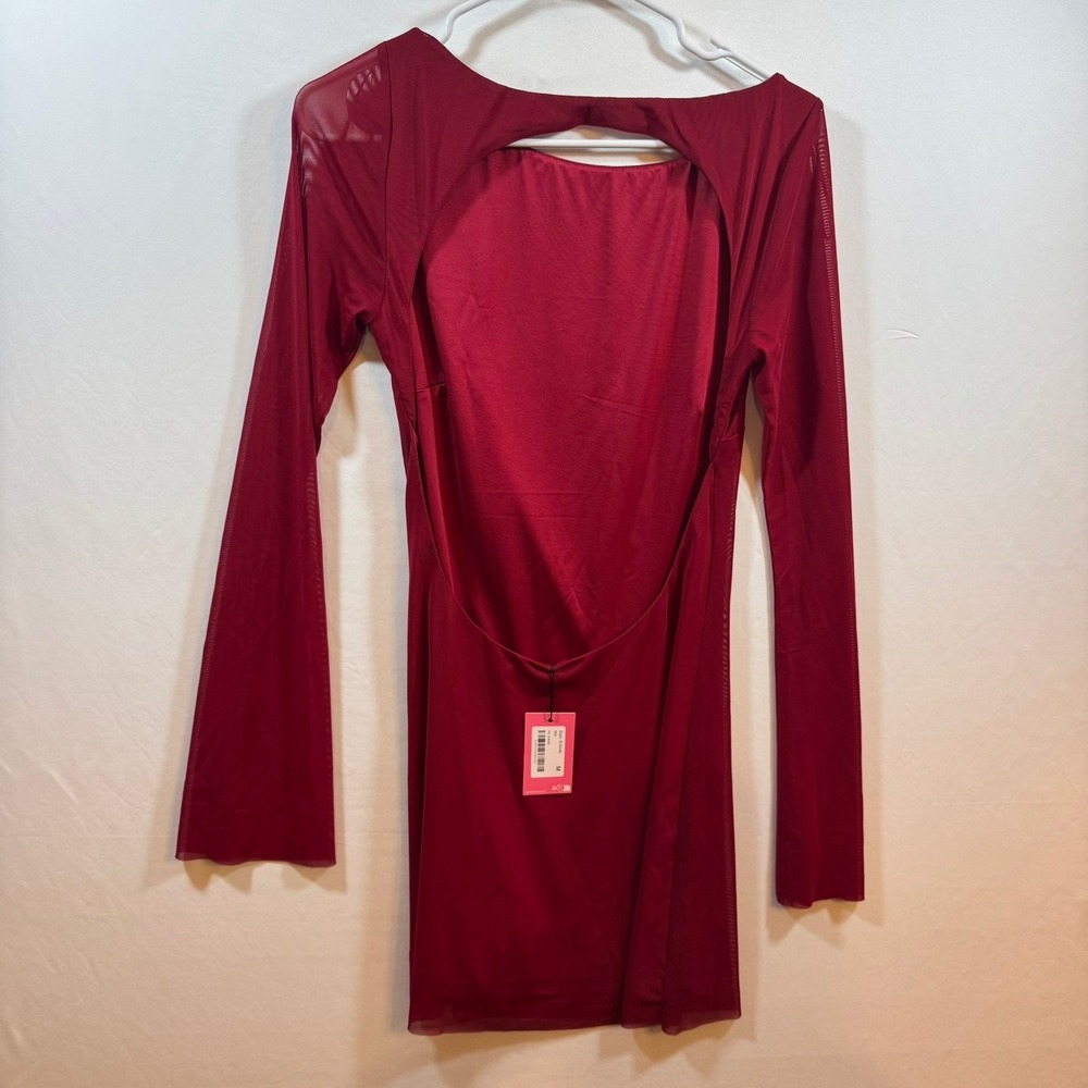 Edikted Red Mesh Open Back Mini Dress Long Bell Sleeve S18446 Mens Size M - Picture 2 of 7